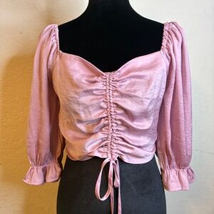 She + Sky Rose Pink Satin Ruched Drawstring Crop Top Puff Small NWT Coquette